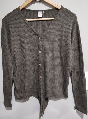 Paper Crane Women’s Small Waffle Knit Button Down Tie Front Sweater Long Sleeve